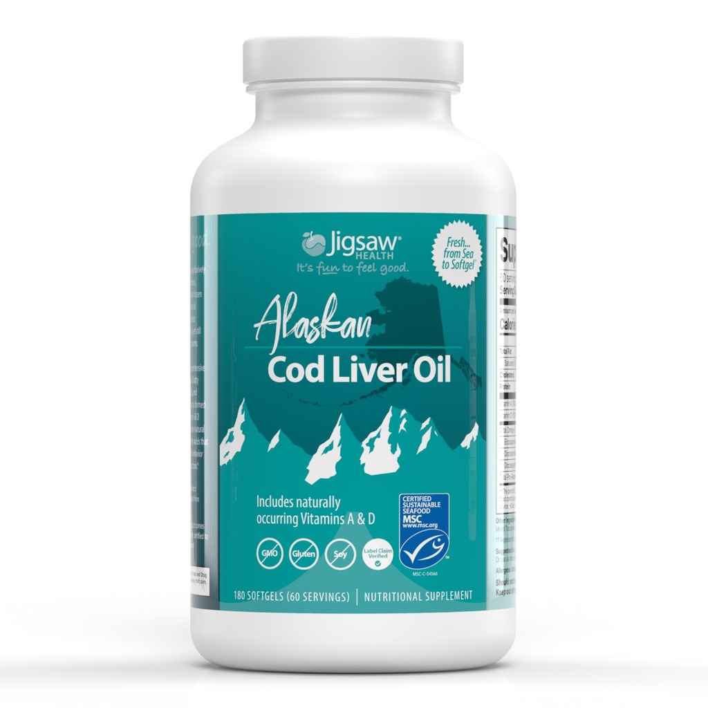 Jigsaw Health Alaskan Cod Liver Oil | 900 mg Omega-3s with EPA, DHA, and DPA | Doğal Occuring Vitaminleri A & D | 180 Softgels | 60 Servisler