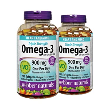 Webber Naturals Triple Strength Omega-3 900mg 200 softgels x 2(2 Bottles)