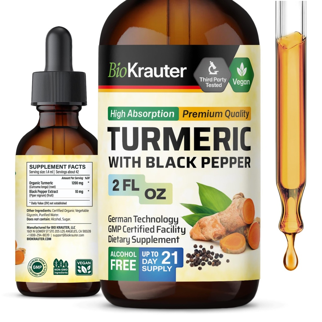 BIO KRAUTER® Turmeric Supplement for Mobility Support - Pure Vegan Curcumin with Black Pepper 2 Fl.Oz 21 Days of Supply - Curcumin Drops 1200 mg for Antioxidant & Immune Support - Alcohol & Sugar Free