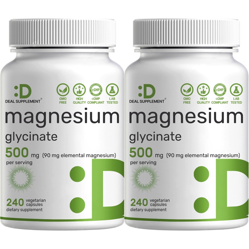 2 Pack Magnezyum Glycinate 500 mg, 480 Veggie Capsules | 100% Chelated for Easy Abors | Essential Mineral Supplement for Muscle, Sleep, & Heart Health Health