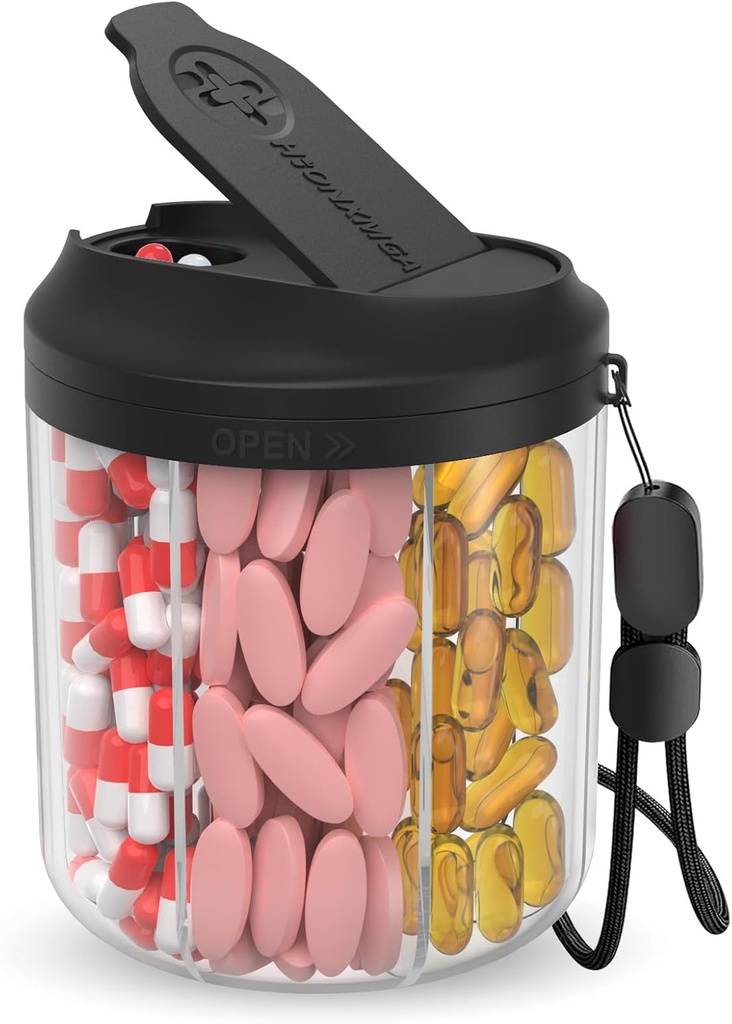 Pill Promise with 7 Large Karşılaştırmalar, Pill Şişe Organizer 4.4" H x 3.6" Dia for Travel, Supplement Organizer with Anti-Mixing Design, Faraday-Free Pill Container with 20 pins Etiketler, Black