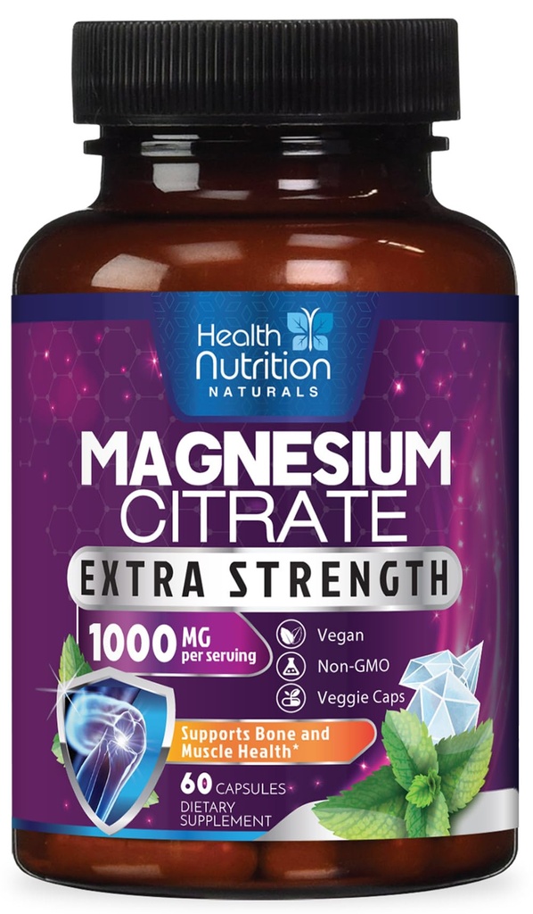 Magnezyum Citrate Capsules 1000 mg - Max Abors Magnezyum Toz için, Nerve, Bone and Heart Health Support, High Abxia Citrate Complex, Gluten Free, Non-GMO - 60 Capsules