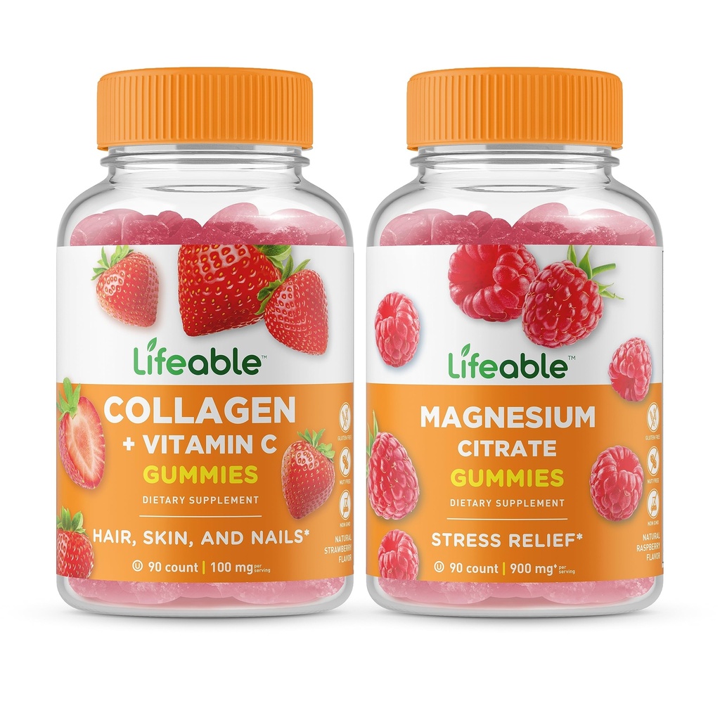 Lifeable Collagen & Vitamin C +, Magnezyum Gummies Sche - Great Tasting, Vitamin Supplement, Gluten Free, GMO Free, Chewable Gummy Gummy