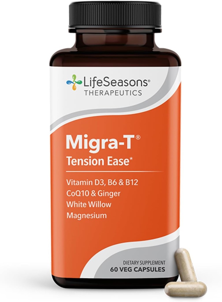 Life Seasons Migra-T with Relieve-R - Migraine Prevention & Relief Supplement - Severe Headaches için Destek - Işık Ses & Odor Hassasiyet - Ateşfew, White Willow, Magnezyum Ginger & CoQ10