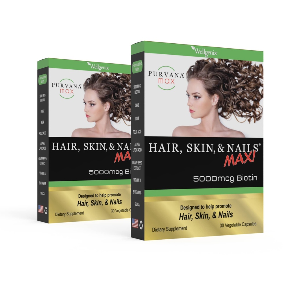 Purvana Max Saç, Skin, ve Nails Vitamini - 5000mcg Biotin, Folic Acid, DMAE, Grape Tohumu - Bir Gün Vegan Saç, Skin, Nails Desteği - Collagen Production - 30 Caps (Pack of 2)