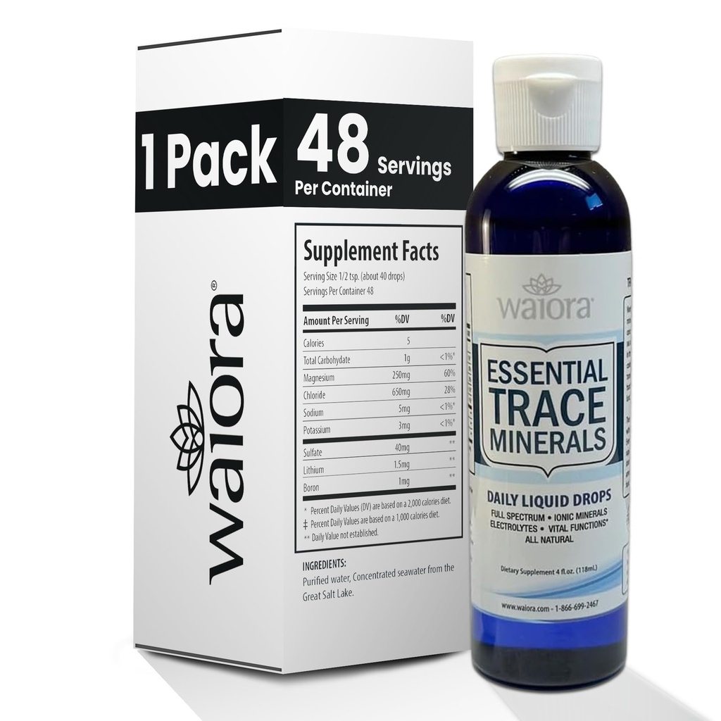Waiora Essential Trace Mineralleri | Replenish Lost/Depleted Mineral | 60+ Ionic Trace Mineralleri | Destek Body's Vital Functions, PH Balance | Plus Electrolytes for Hydration (1 Bott / 48 serv)