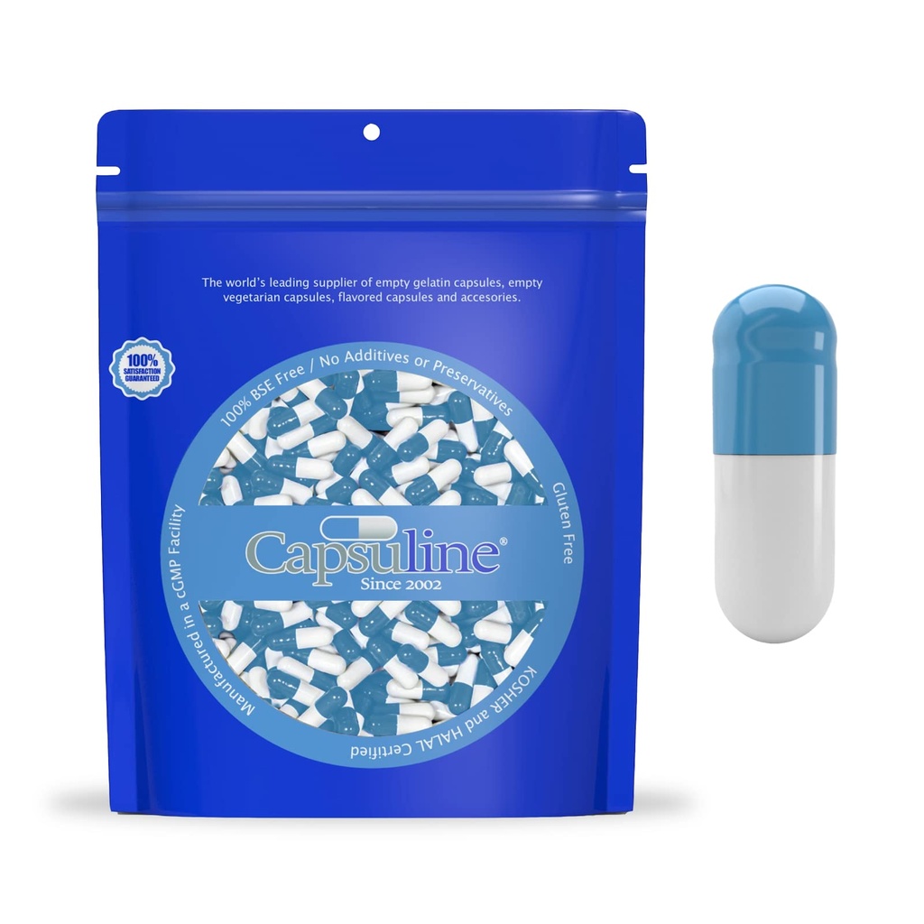 Capsuline Colored Size 000 Empty Gelatin Capsules Blue/White 1000 Count