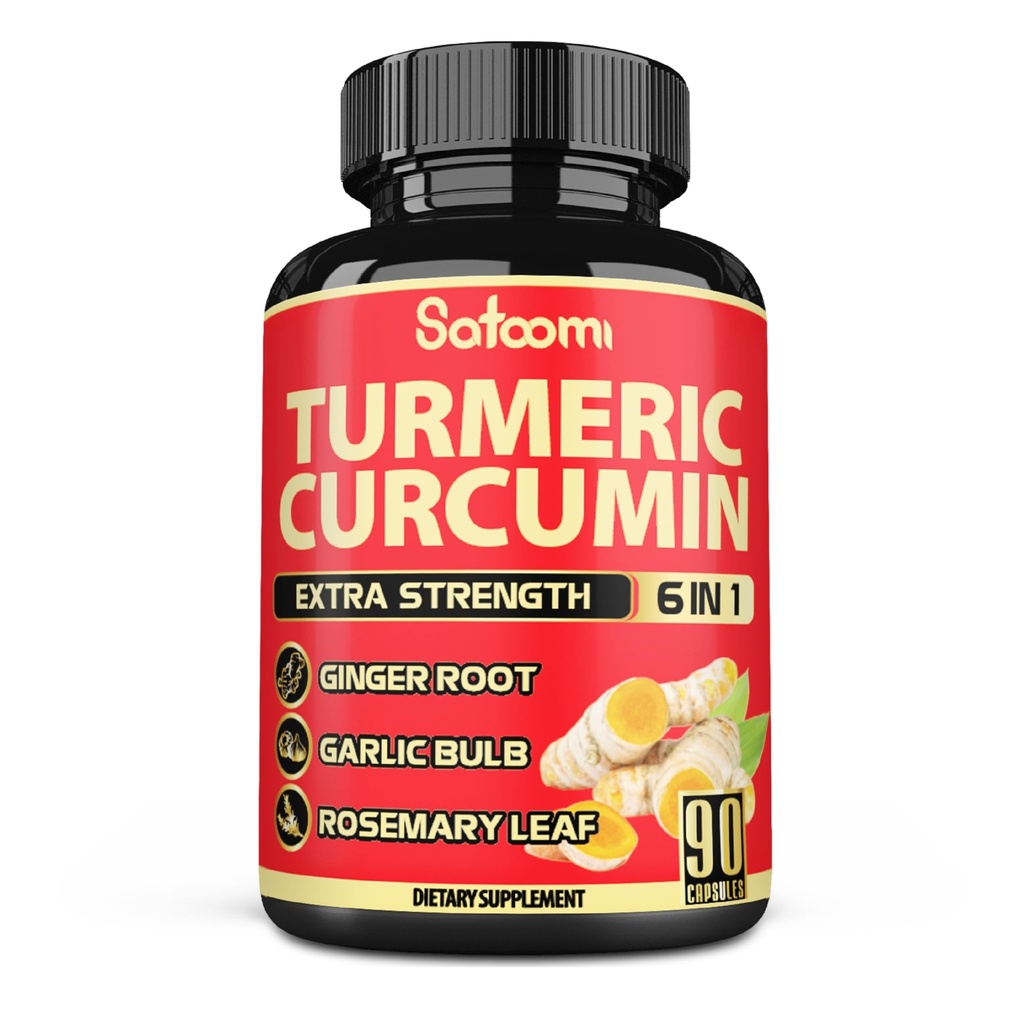 Satoomi 6in1 Turmeric Curcumin Supplement - 3 Month Supply - 95% Curcuminoids with Ginger Root, Garlic Bulb, Rosemary & Black Pepper - 90 Capsules