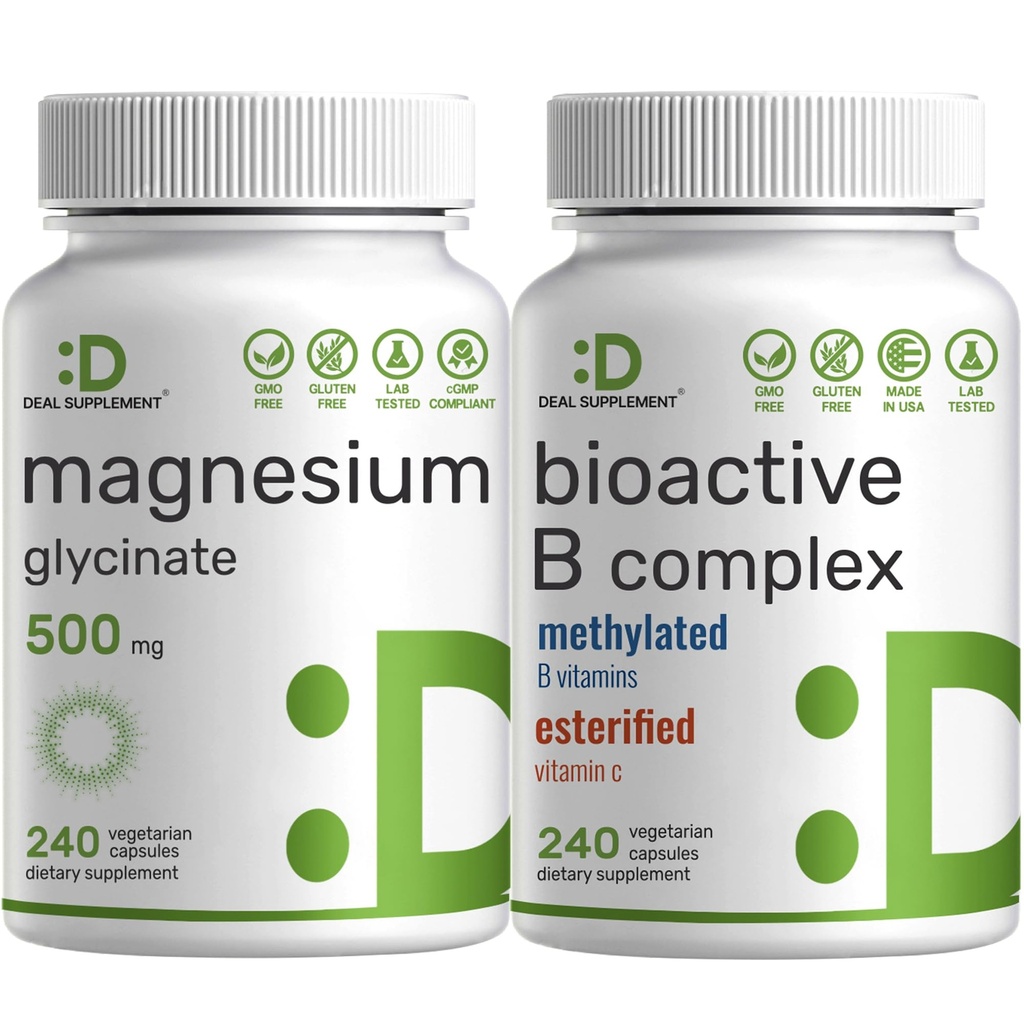 Magnezyum Glycinate 500 mg Veggie Capsules & Bioaktif Vitamin B Kompleksi Paket - Kolay Absorbed Chelated Mineral - Immune, Energy, & Metabolism Supplement