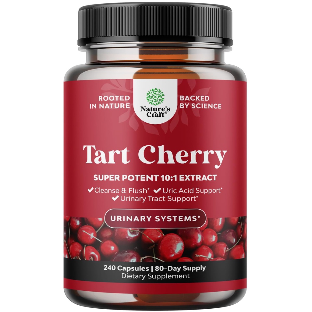 Natures Craft Extra Strength Tart Cherry Capsules - Tart Cherry Extract Capsules for Uric Acid Cleanse for Kidney Support - Fruit Extract Supplement for Urinary Tract Health & Joint Support - 240 Ct
