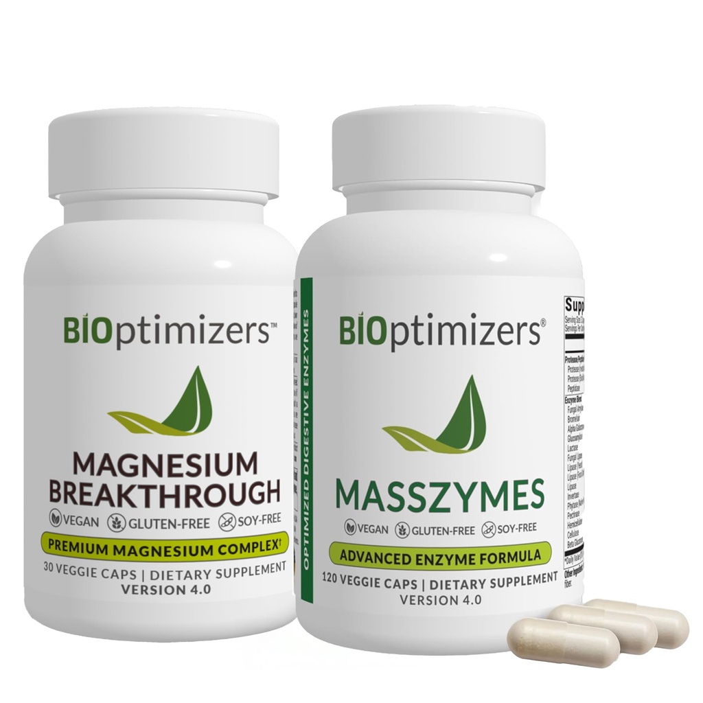 BiOptimizers Magnezyum 4, (30 Capsules) & MassZymes 4.0, (120 Capsules) - Doğal Uyku, Beyin ve Digestive Health Support Sche