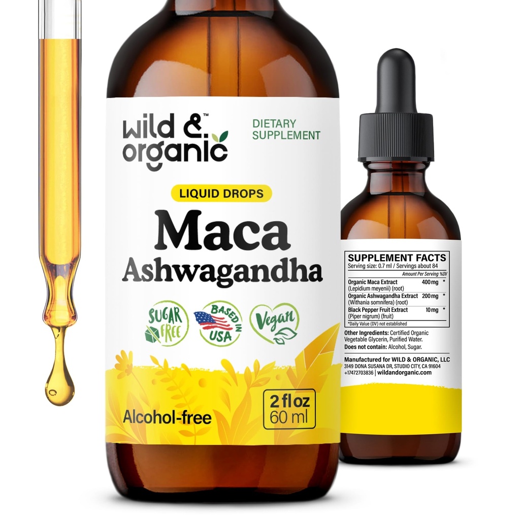 Wild & Organic Maca Ashwagandha Erkekler ve Kadınlar için Bırakıyor - Peruvian Maca Root ve Ashwagandha Tincture for General Support - Vegan, Sugar & Alkol Ücretsiz Ekstraksiyon Tamam - 2 fl ozzz