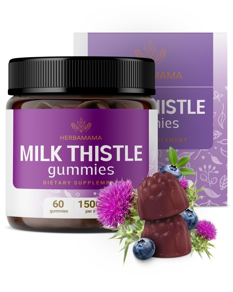 HERBAMAMA Süt Butle Supplement - 1500 mg Süt Butle Tohum Canlı Temizliği için - Vegan, Non-GMO Liver Support with Silybum Marianum - 60 Pectin-Based Blueberry-Flavored Chews