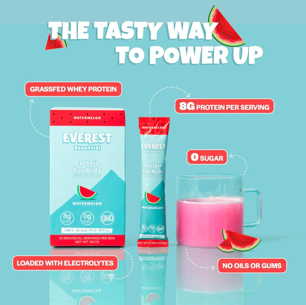 Everest Essential, Kid'in Clear Whey Protein Tozu (Watermelon, 10 Packets) Çocuklar için Mix, Çocuklar için Elektrolytes, 8g Protein Per Hizmeti, GMO, Zero Eklenmiş Şeker
