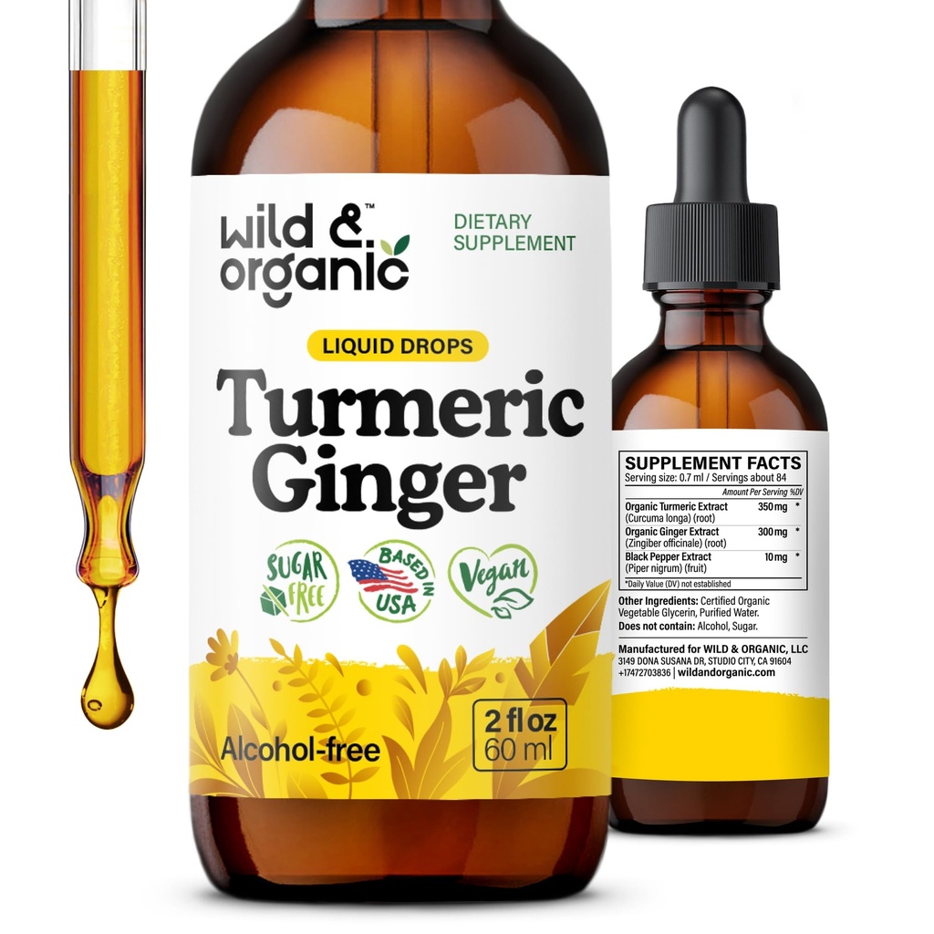 Vahşi & Organik Turmeric ve Ginger Supplement Drops - Ortak & Immune Support - Sıvı Turmeric with Ginger and Black Pepper Extract - Curcumin Supplement - Vegan, Sugar & Alkol-Free Tincture - 2 ozz