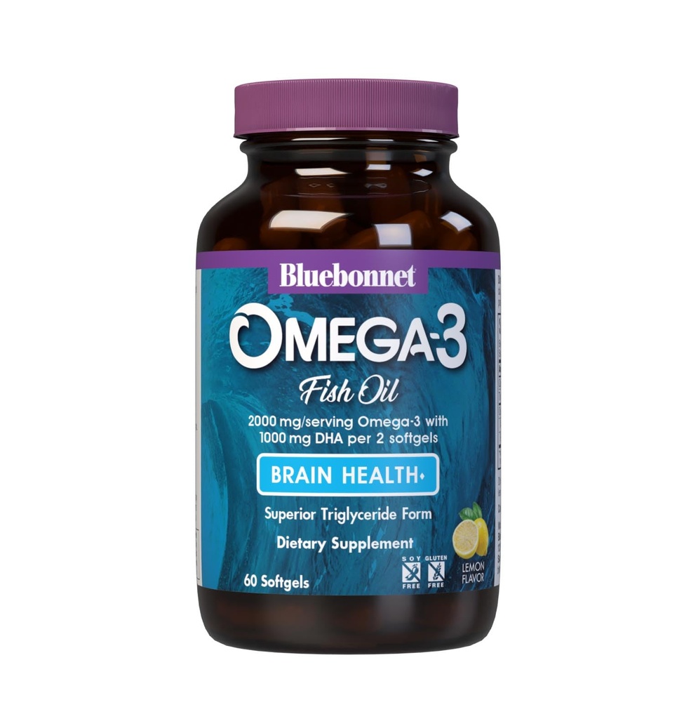 Bluebonnet Nutrition Omega-3 Brain Formula Natural Wild Caught Triglyceride Form DHA 860 mg EPA 120 mg - Highly Concentrated Cognitive Health & Wellness Support Supplement - Gluten-Free - 60 Softgels