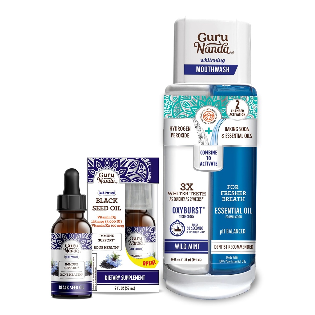 GuruNanda Black Seed Oil, Cold-Pressed Nigella Sativa - Vitamin D3 5000 Birimlerde Zengin, K2 & E & Dual Luna Oxyburst Whitening Mouth yıkama - Contains Hidrojen Peroksitoksit