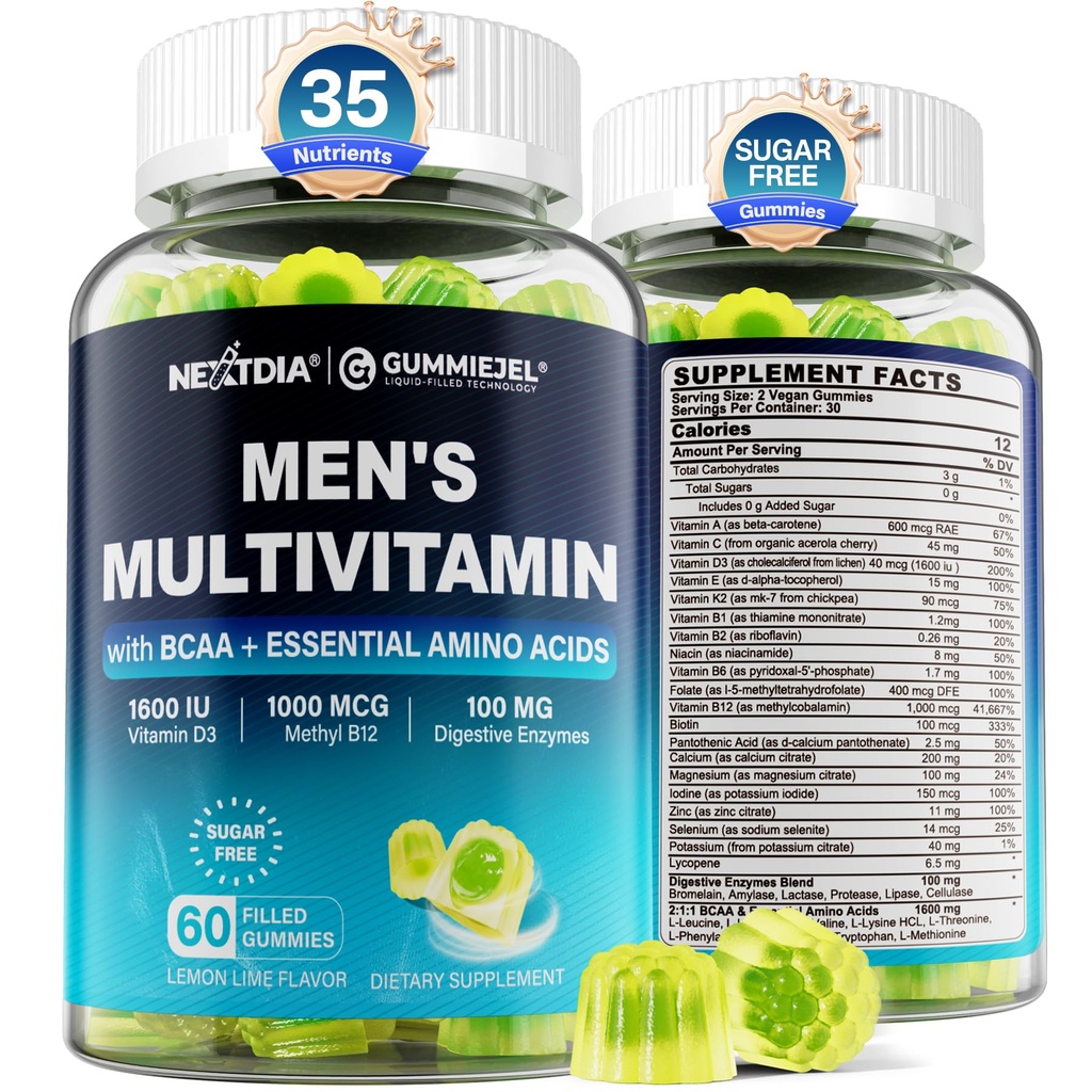 Erkekler Gummies için Çokvitamin, BCAA Amino asitler, çinko, Günlük A C D3 E K2 B Kompleksi, Magnezyum, Lycopene, Digestive Enzymes - Enerji, Immune, Muscle- Sugar Free, Vegan, 60Cts
