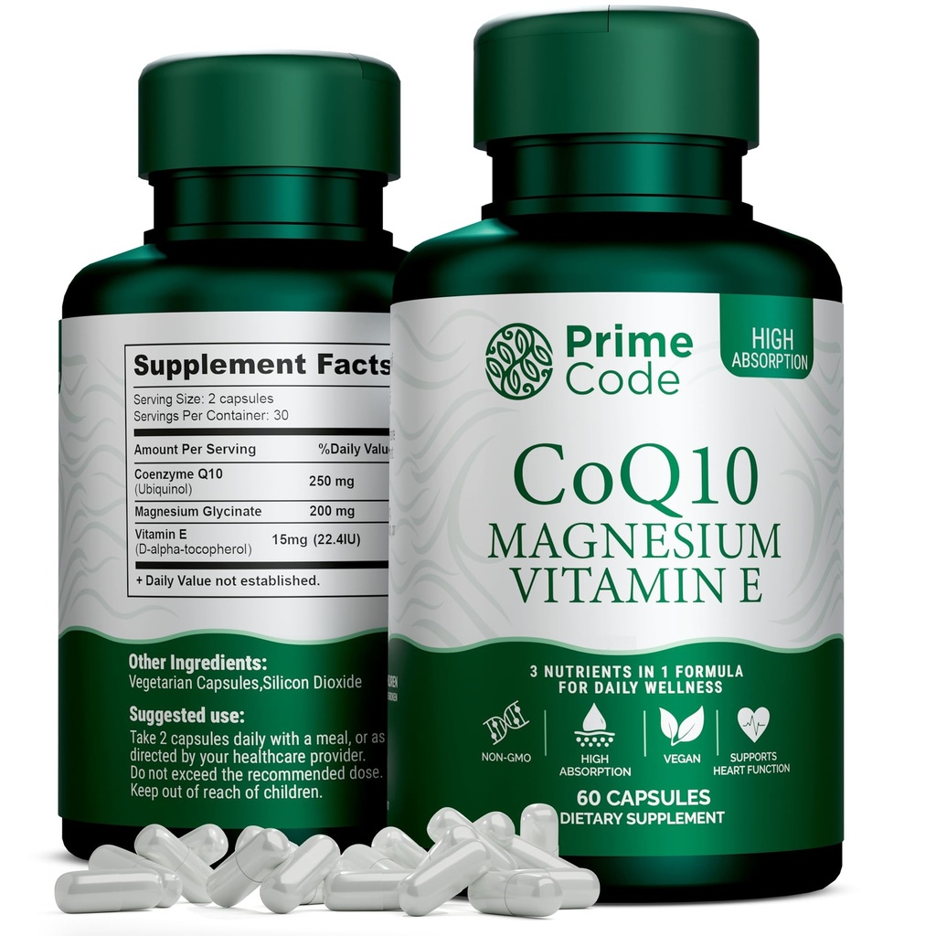 Prime Code [3 in 1] CoQ10 250mg with Magnezyum Glycinate and Vitamin E | CoQ10 Capsules 250 mg | Magnezyum Glycinate 200 mg | Vitamin E 15 mg | Non-GMO | Gluten & Soy Free | Vegan