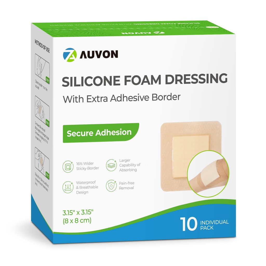 AUVON Silikon Köpük Büyük Yapıştırıcı Sınırı ile Giyiyor, 3" x 3" 10 Packs Yarası Yüksek Absorbency ile Bandage Giyiyor, Yara Bakımı ve Koruma Artıları için Su geçirmez