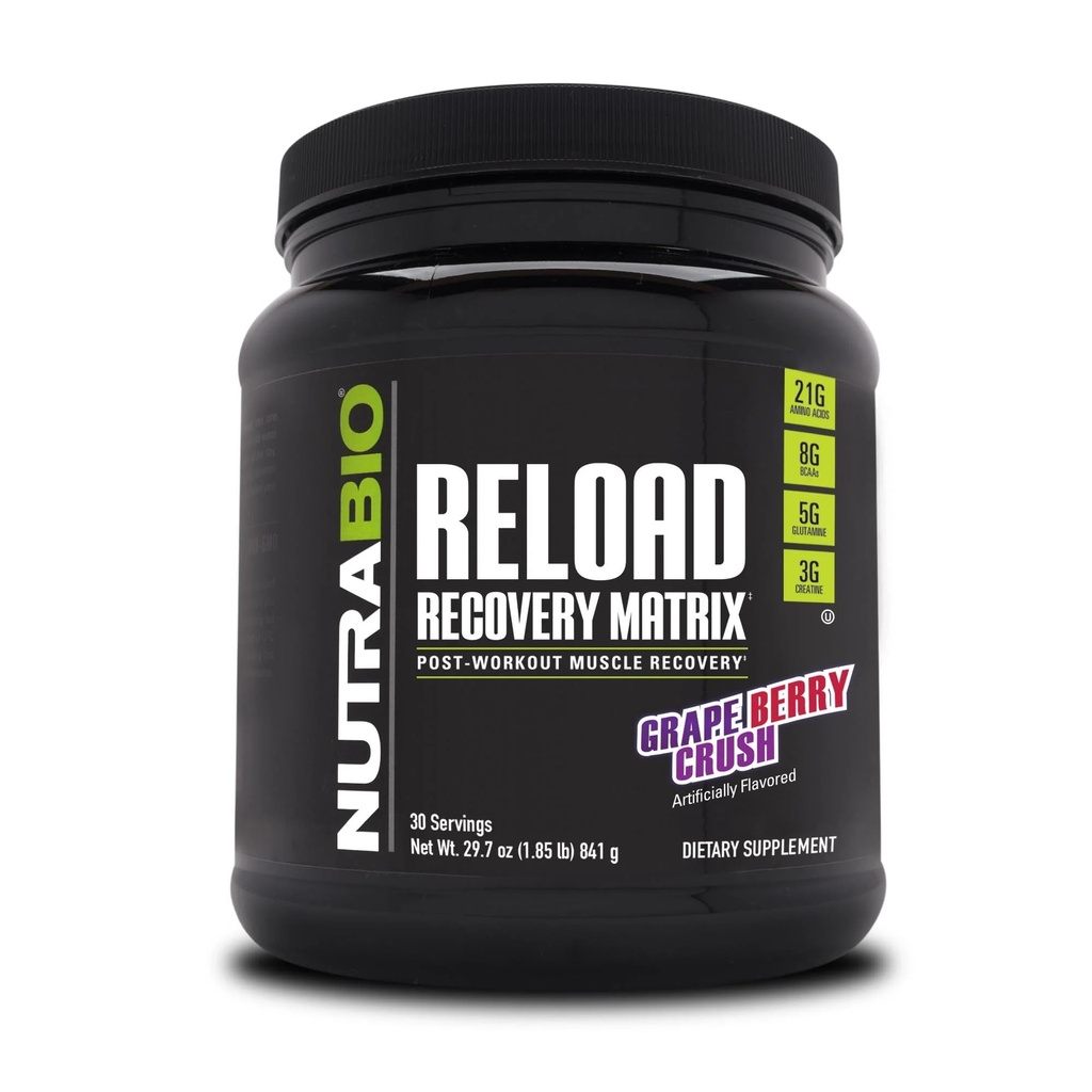 NutraBio Reload - Güçlü Muscular Recovery Formula - Post-Workout Supplement - 3G Kretin - 8G BCAAs - 5G Glutamine - 30 Hizmet, Grape Berry Crush