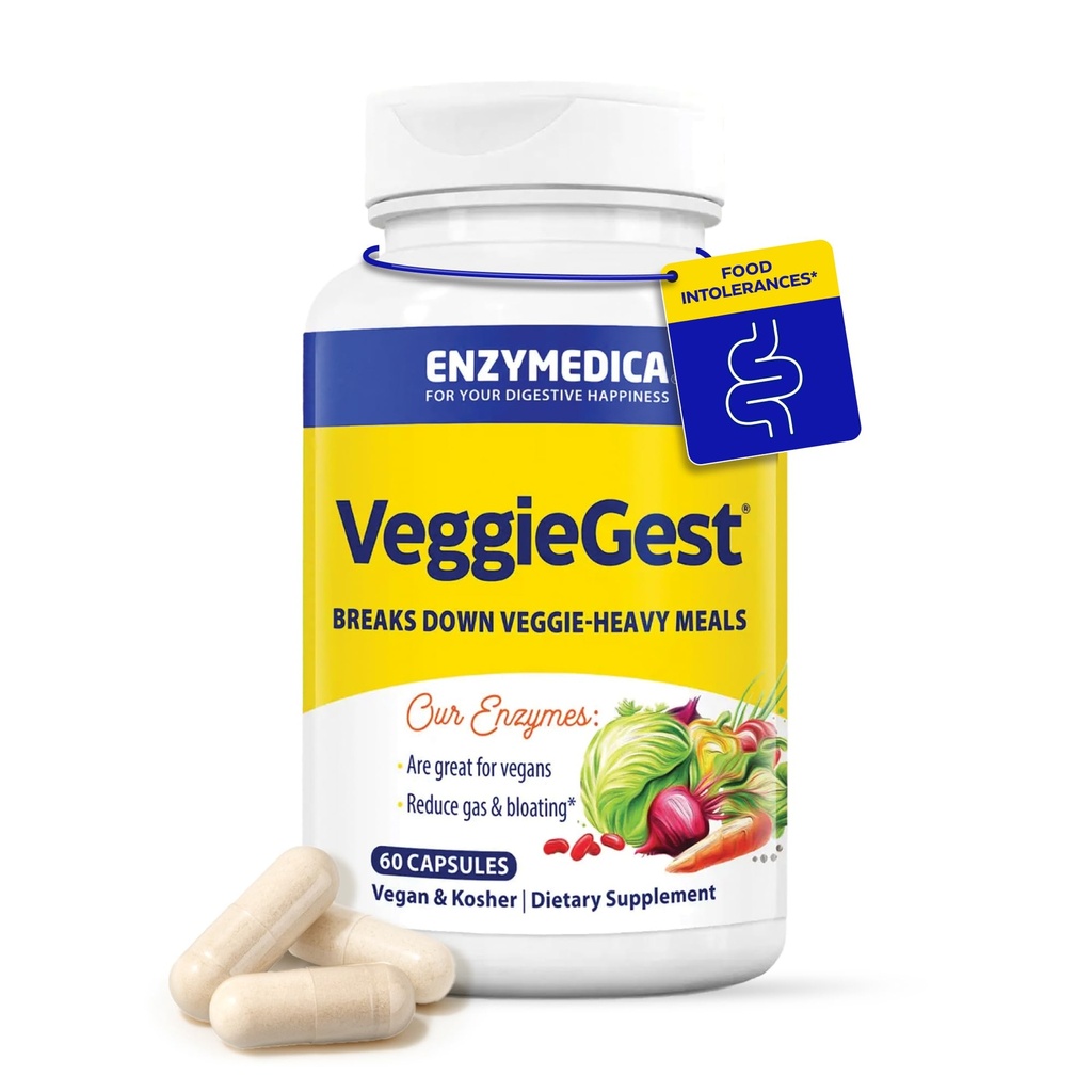 Enzymedica, VeggieGest, Digestive Enzymes, Yüksek Fiber Meals'tan Occasional Gas & Bloating Relief, Vegan & Vegetarian Diyets için Enzyme Mix for Digestive Health, 60 Count