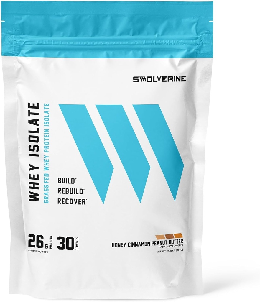 Swolverine Whey Protein Isolate | 26g Protein, Grass-Fed rBGH Free, Non-GMO, Added Digestive Enzymes (30 Servings, Honey Cinnamon Peanut Butter)