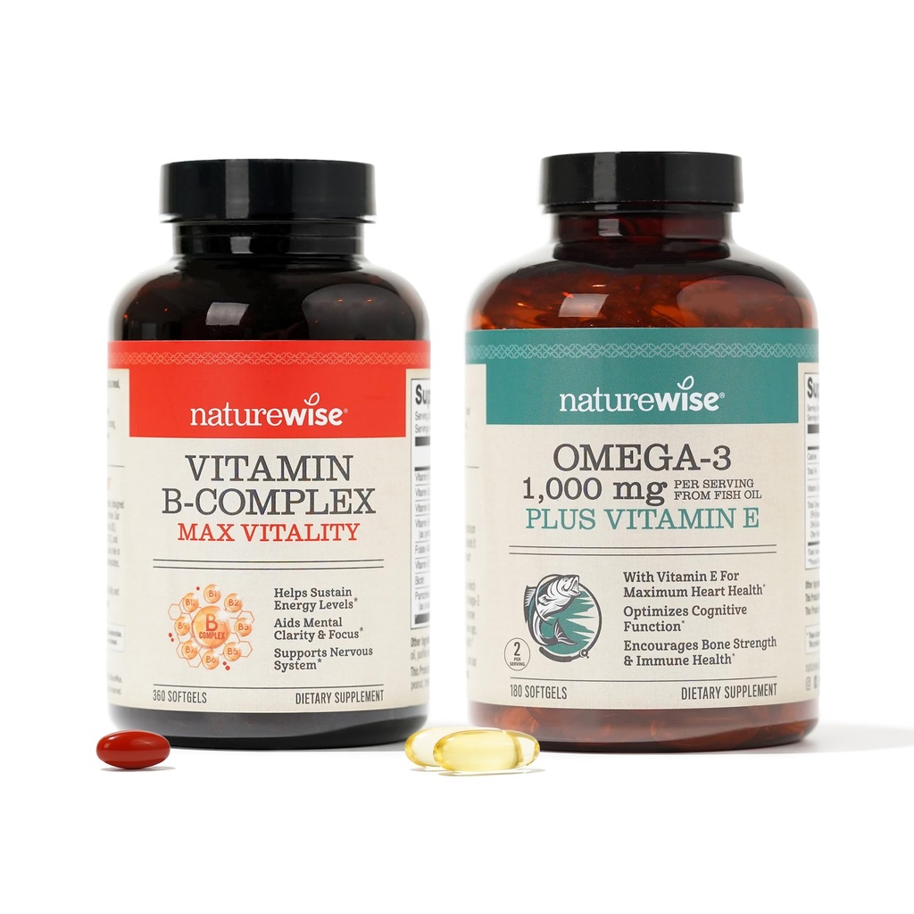 NatureWise Vitamin B Kompleksi 360 Softgels & Omega 3 Fish Oil 180ct for Energy, Heart, Brain, Immune & Vision Support