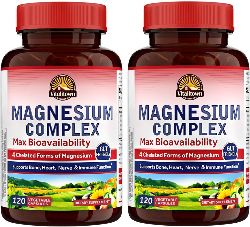 Vitalitown Magnezyum Kompleksi 2 Packs, 240 Capsules, NSF sertifikalı Magnezyum Glycinate, Malate, Taurate & Citrate, Chelated Forms, High Abxia, Bone, Heart, Sleep & Digestion