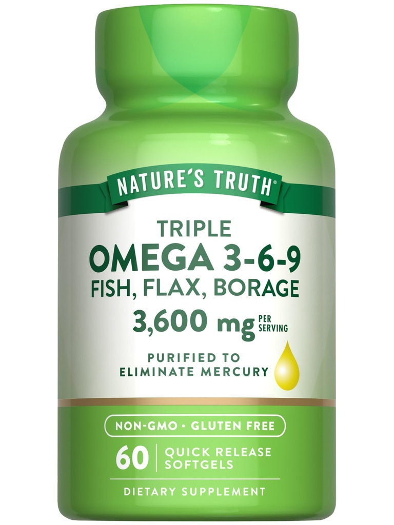 Nature's Truth Triple Omega 3-6-9 Softgels | 3600 mg | 60 Kont | Fish, Flax, Borage Oils | Non-GMO & Gluten Free Supplement Supplement