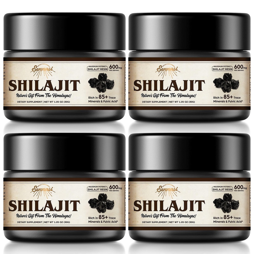 Shilajit Pure Himalayan Organik Shilajit Giyim - 600 mg En Fazla Potency Natural Organic Shilajit Wear with 85+ Trace Minerals & Fulvic Acid for Energy, Immune Support, 30 Grams (4 Pack)