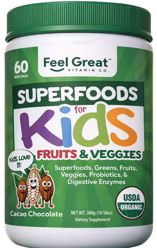 Feel Great USDA Organic Super Greens Powder for Kids - Cocao Chocolate | Fruit & Veggie Supplement | Superfood Powder with Probiotics & Digestive Enzymes for Digestive Health | 60 Days Supply