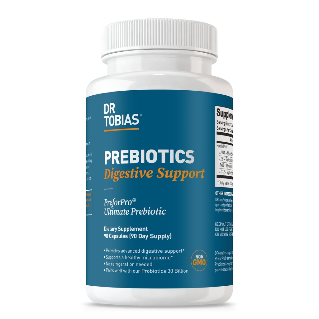 Dr. Tobias Prebiyotiks Digestive Support, Advanced Prebiyotik Supplement for Gut Health, Immune Function & Boost for Probiyotiks for Women & Men, Vegan, Non-GMO, 90 Capsules, 90 Servisler