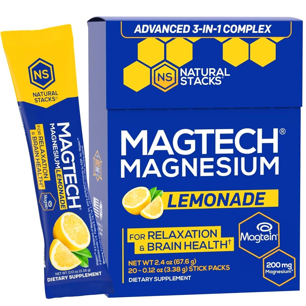 MagTech Magnezyum Drink Mix - Sugar Free Lemonade - 3 Forms of Magnezyum: Magtein L-Threonate, Glycinate & Taurate - 200 mg Chelated Magnezyum Kompleksi - Destekler Rahatlama ve Beyin Sağlığı - 20 Hizmet