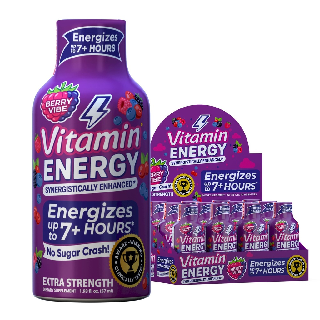 Enerji B12 11,000 Ekstra Kuvvetli Enerji Shot Pink Berry 12 Paketi, 260 mg Doğal Caffeine, B12 & B6, Nootropic Focus, Vitality, Zero Sugar, Gluten-Free, Vegan, Kosher, 1.93 fl ozzz