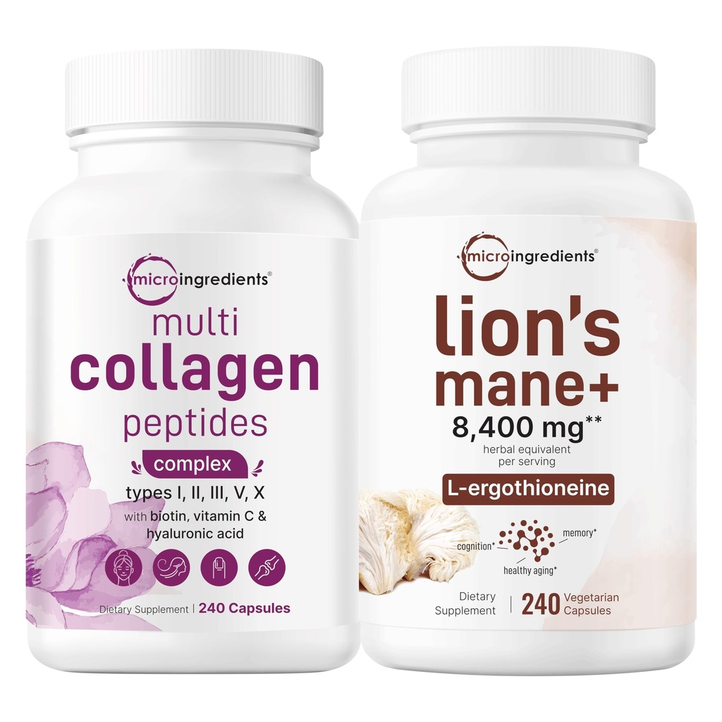 Kadınlar ve Lions Mane Supplement 240 Veggie Capsules Sche 2 Pack | Grass-Fed Collagen Peptides | Superfood Mushroom Antioksis L-Ergothioneine