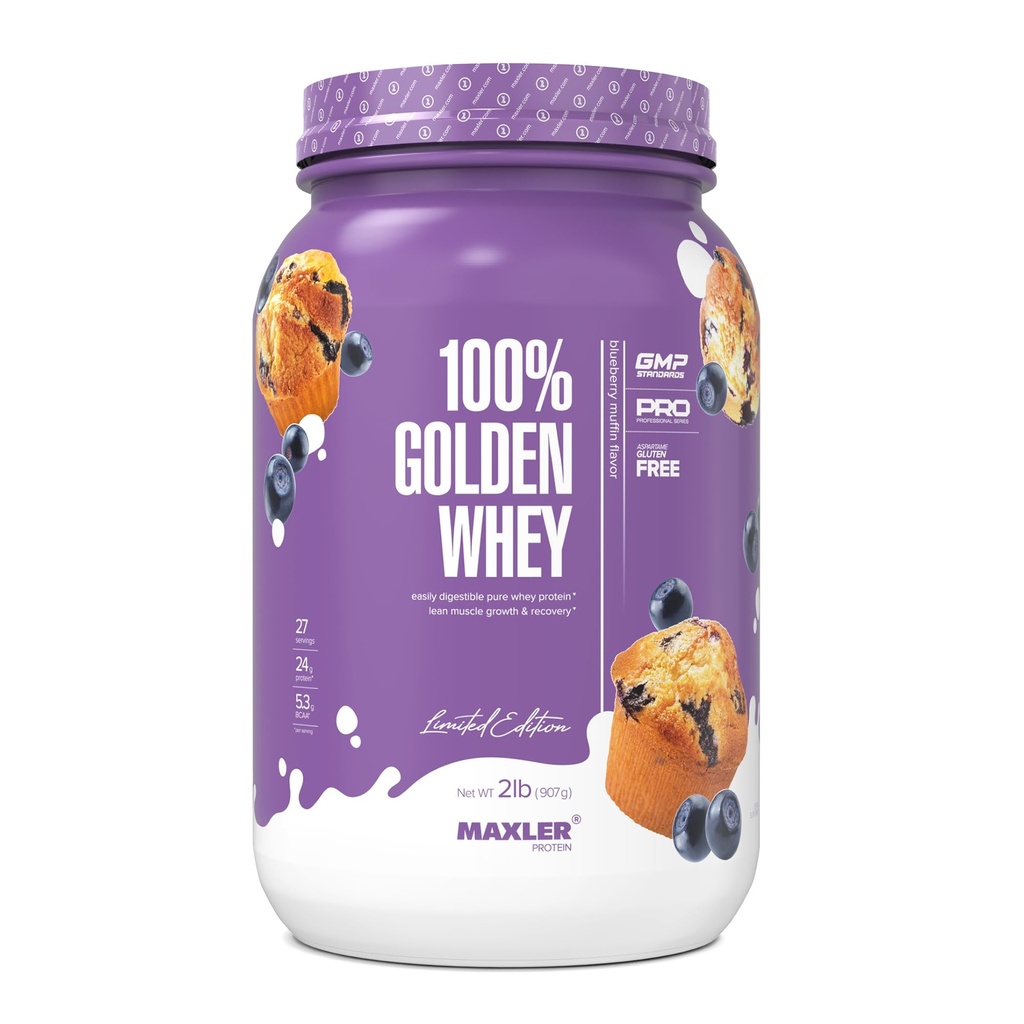 Maxler% 100 Golden Whey proteini - Servis başına protein 24g - Pre Post Workout için Premium Whey Protein Tozu - Hızlı Nisorbing Whey Temp, Isolate & Hydrolysate Mix - Blueberry Muffin 2 lb