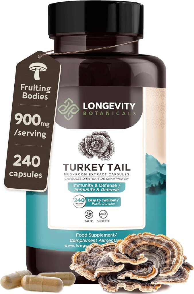 Organik Türkiye Tail Mushroom Capsules Supplement (240) | Pure Fruiting Body 10:1 High Strength Extract | 50%-D Glucans | 9,000 mg Raw Equivalent Per | Immune, Gut & Microbiome Support