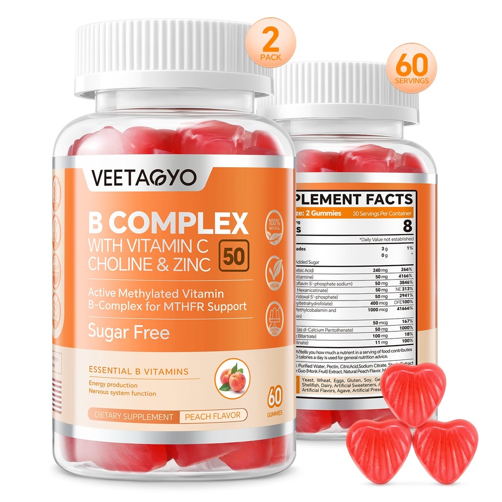 B Kompleks 50 Gummies, C,Choline & çinko ile B Kompleks - Enerji için Active Methylated Support - Tüm B Vitaminleri - B1,B2,B3,B9,B12 - Sugar Free,120