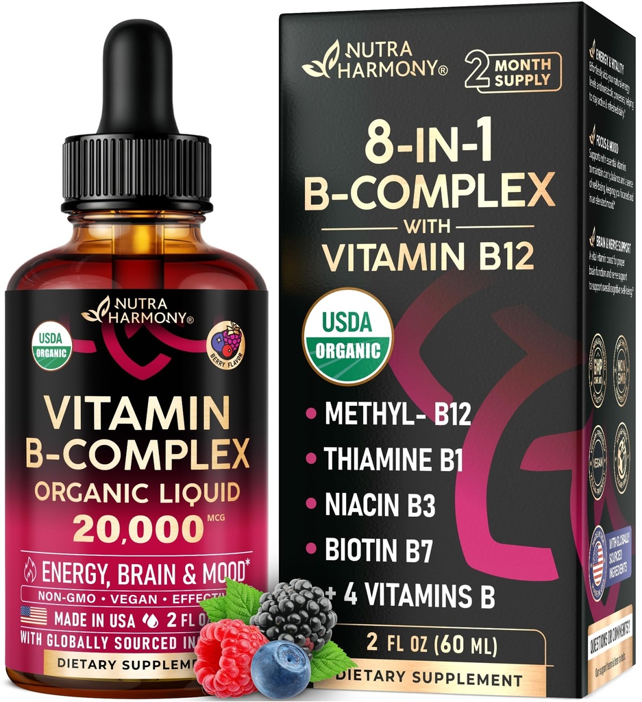 USDA Organik Vitamin B-Complex B5 Pantothenic Acid | B12 Mecobalamin | B1 Thiamine | B6 Pyridoksie | B7 Biotin | B9 Folic | B3 Niacinamid - B Kompleks Sıvı Ölçeği, ABD'de Tamamlandı