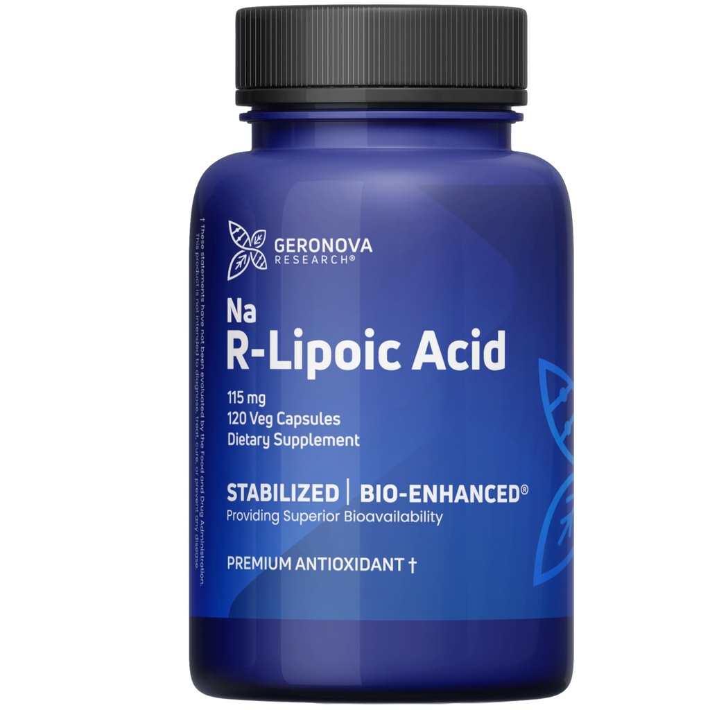 Geronova Research Bio-Enhanced R-Lipoic Acid, 115 mg Capsules - 4 Ay Supply - Geliştirilmiş Abpsiyon ile Stabilize R Alfa Lipoic Acid Supplement - 120 Count Count