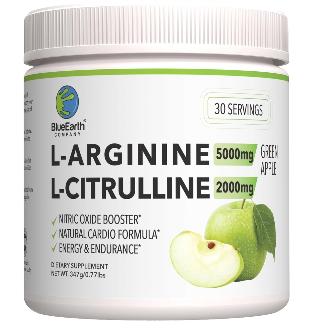 L-Arginine 5000 mg + L-Citrulline 2000 mg Kompleksi Toz Mix - Kalp Sağlığı, Kan Akış & Enerji - 30 Hizmet (Yeşil Apple)