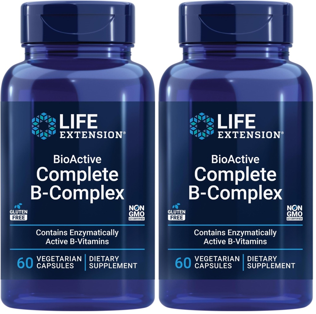Life Extension Bioactive Complete B-Complex, Kalp, Beyin ve Nerve Support, Sağlıklı Enerji, Metabolism, Tamam B Complex, 60 Vegetarian Capsules (Pack of 2)