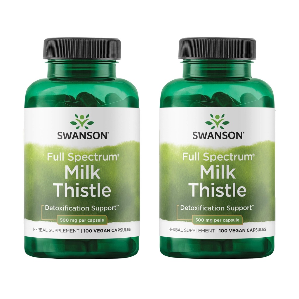 Swanson Full Spectrum Milk Thistle Liver Health Supplement for Adults Seeking Natural Detoxification and Antioxidant Support - 500 mg (100 Vegan Capsules, 2 Pack)
