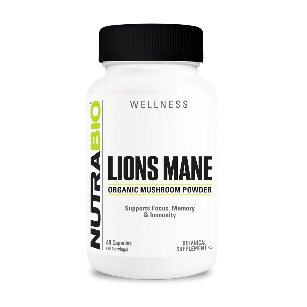 NutraBio Lions Mane Supplement Capsules- Organic Lion's Mane Mushroom Toz (500 mg)- Focus, Memory, Immunity - 60 Sebze Kapsülleri