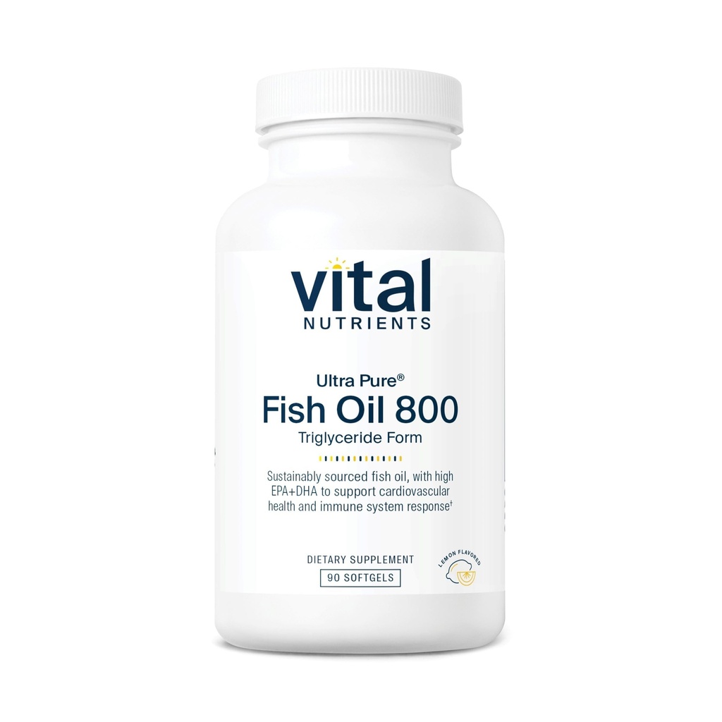Vital Nutrients Ultra Pure® Fish Oil 800 Triglyceride Form | Heart, Brain, & Immune Health* | Sustainable Sourced High EPA & DHA Omega 3 Fatty Acid | Lemon Flavor | Gluten, Dairy, Soy Free | 90