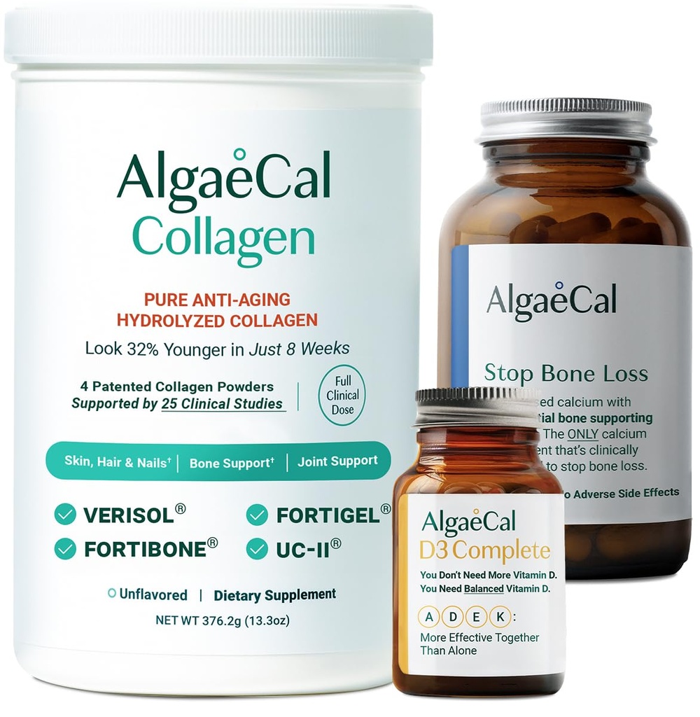 ALGAECAL Calcium, Vitamin D3 & Collagen Bundle – Collagen with Clinically-Supported Verisol, Fortibone & Fortigel, Plus 13 Bone Supporting Minerals and Vitamin ADEK for Bone Health & Anti-Aging