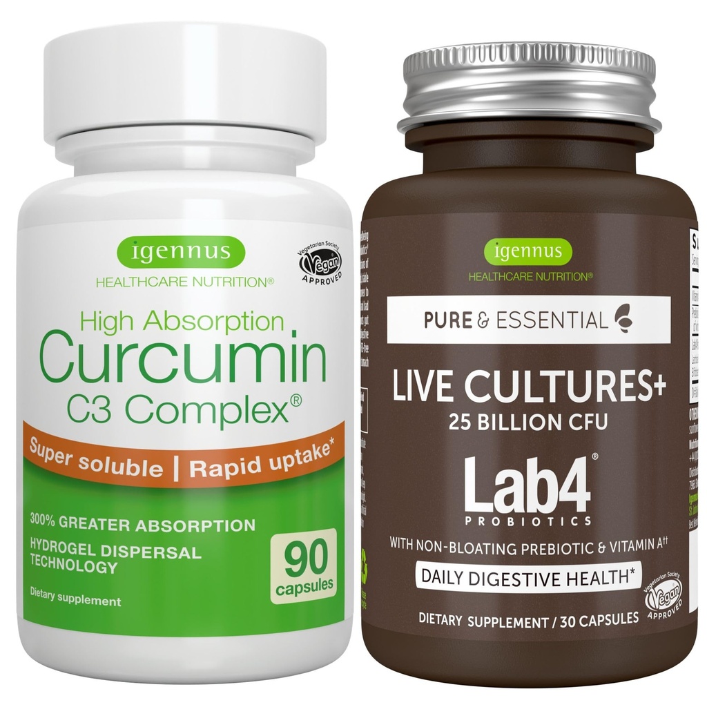 Canlı Kültürler+ Lab4 Probiyotiks + High Abxia Curcumin C3 Komplek Vegan Sche, 25 Milyar CFU Probiyotik, Non-Bloating Prebiyotik + 300 Greater Ab component Curcuminoids with Rapid Uptake, By Igennus