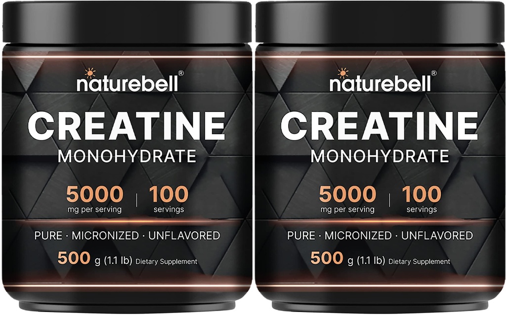 NatureBell 2 Pack Tinatine Monohidrat Toz 500g, 5.000mg Per | Mikronized, Pure & Unflavored | Pre-Workout Muscle Support | DW, Vegan, Filler-Free | 200 Hizmetler (2.2 lb)