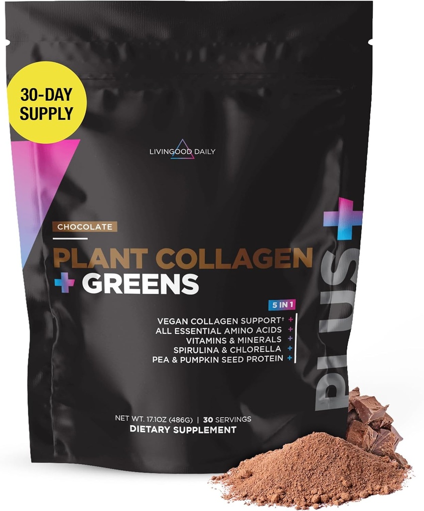 Livingood Daily Plant Collagen + Greens Toz, Chocolate, 5-in-1 Collagen Support with Pea protein, Amino Asits, Spirulina, Chlorella & Vitamin C, Hair Skin Nails Support, Vegan, 30 Hizmet